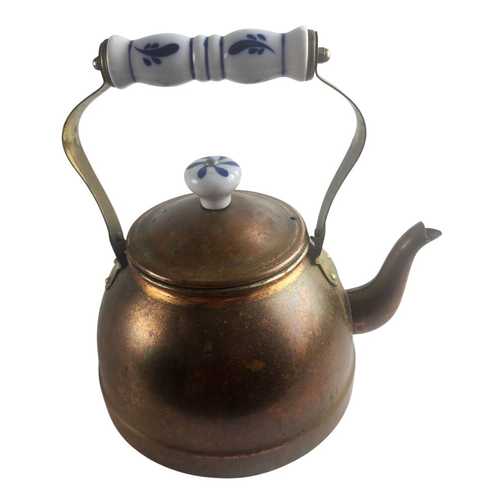 VTG Copper Tea Pot Kettle with Blue & White Porcelain Handle & Knob